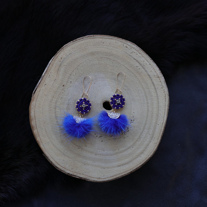 Helen Oro Designs Royal Blue Beaded Mink Drop Earrings