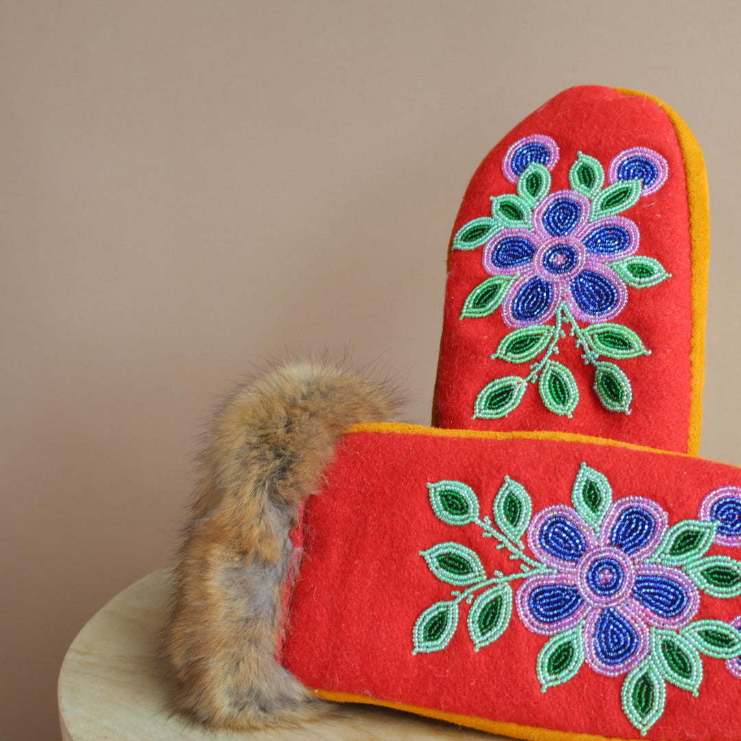Emily J. Red Felt & Beaver Pelt Moose Hide Mittens