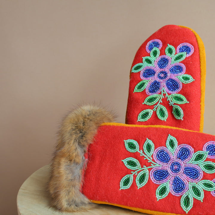 Emily J. Red Felt & Beaver Pelt Moose Hide Mittens