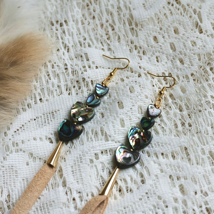 Prairie Sage Beadwork Abalone & Deer Hide Tassel Earrings