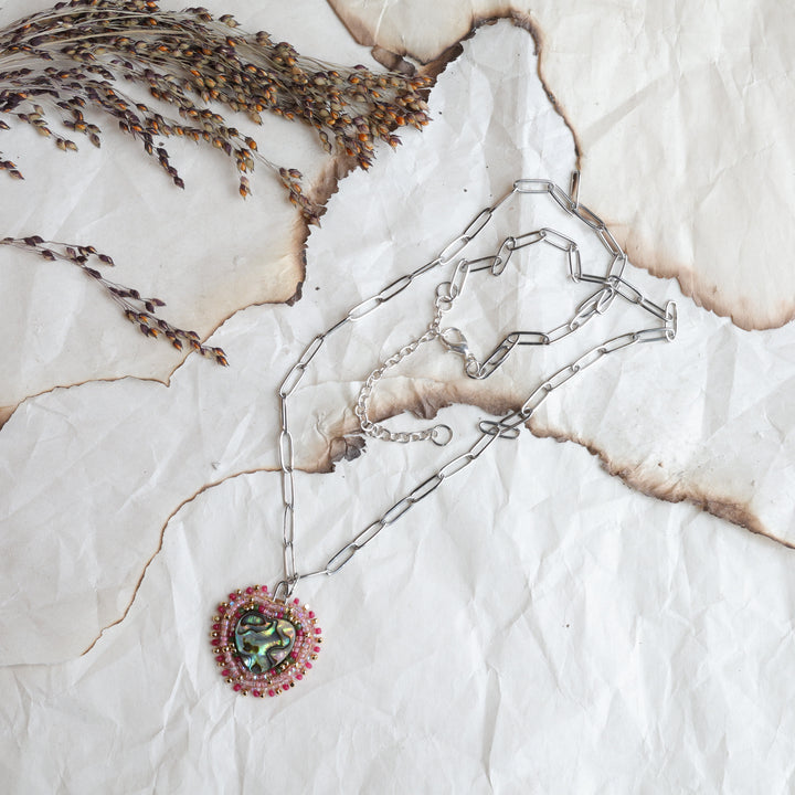 TLee Beads Abalone Heart Beaded Hide Pendant Necklace