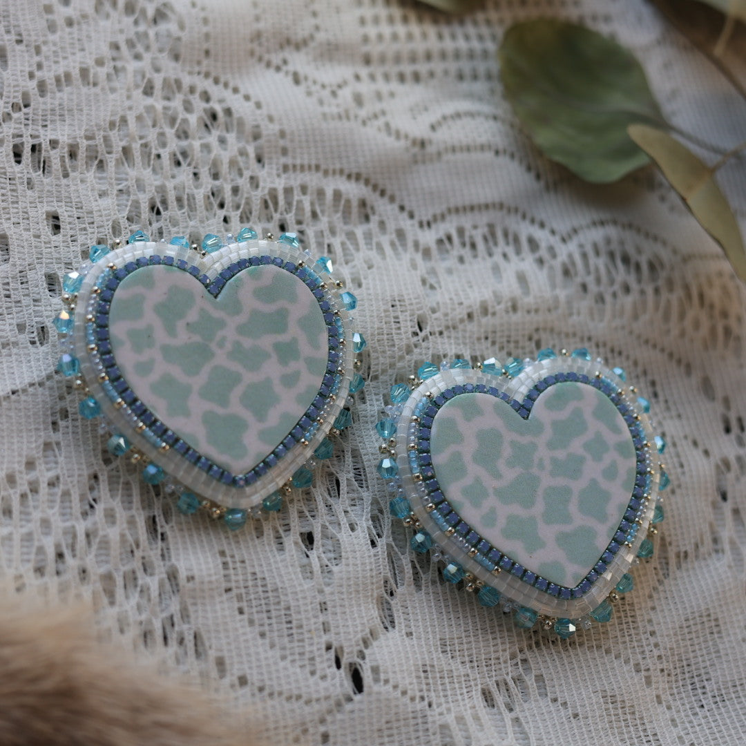 Prairie Sage Beadwork Cow Print Heart Beaded Earrings