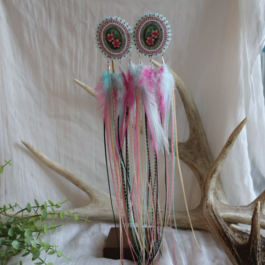Beaded Blends XL Flower Cab Beaded Statement Feather Earrings