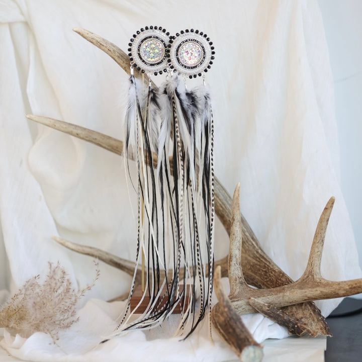 Beaded Blends Silver Beaded Statement Feather Earrings