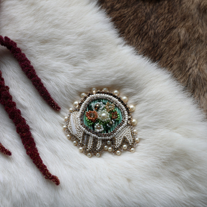 Mercedes G. Quill & Floral Beaded Bison Brooch