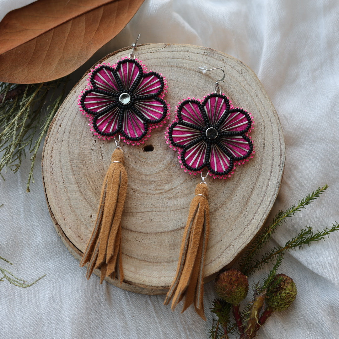 Boreal Forest Beads Floral Moose Hide Tassel Earrings
