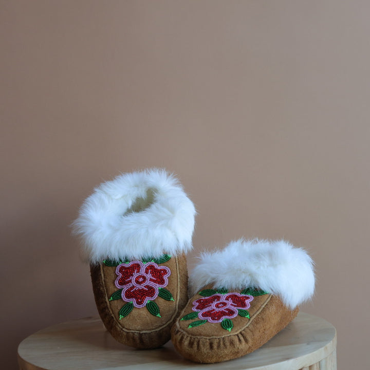 Emily J. Red & Pink 3-Petal Floral Moose Hide Moccasins