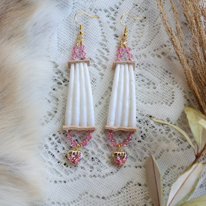 Prairie Sage Beadwork Dentalium & Dark Pink Drop Earring