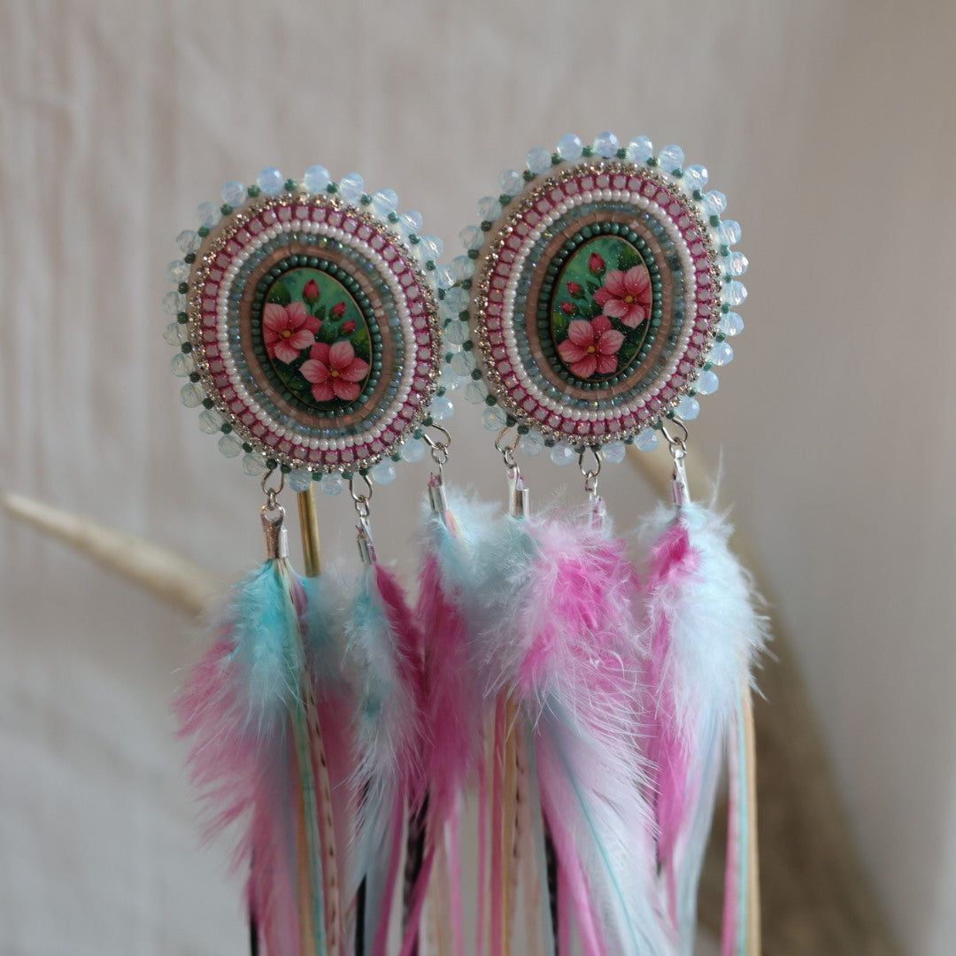 Beaded Blends XL Flower Cab Beaded Statement Feather Earrings