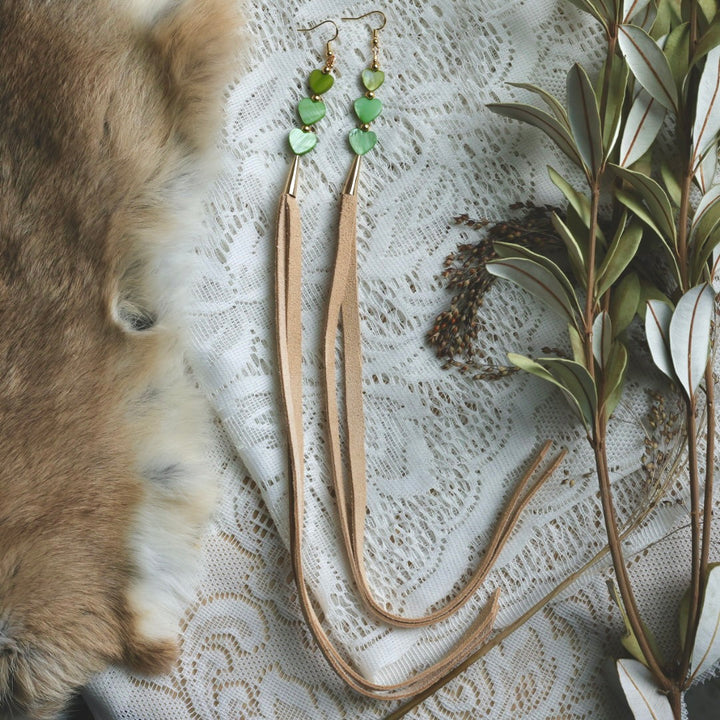 Prairie Sage Beadwork Dyed Mother of Pearl & Deer Hide Tassel Earrings