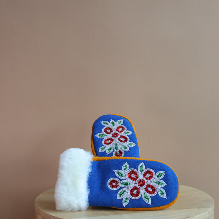 Emily J. Blue Felt & Sheep Shearling Moose Hide Mittens