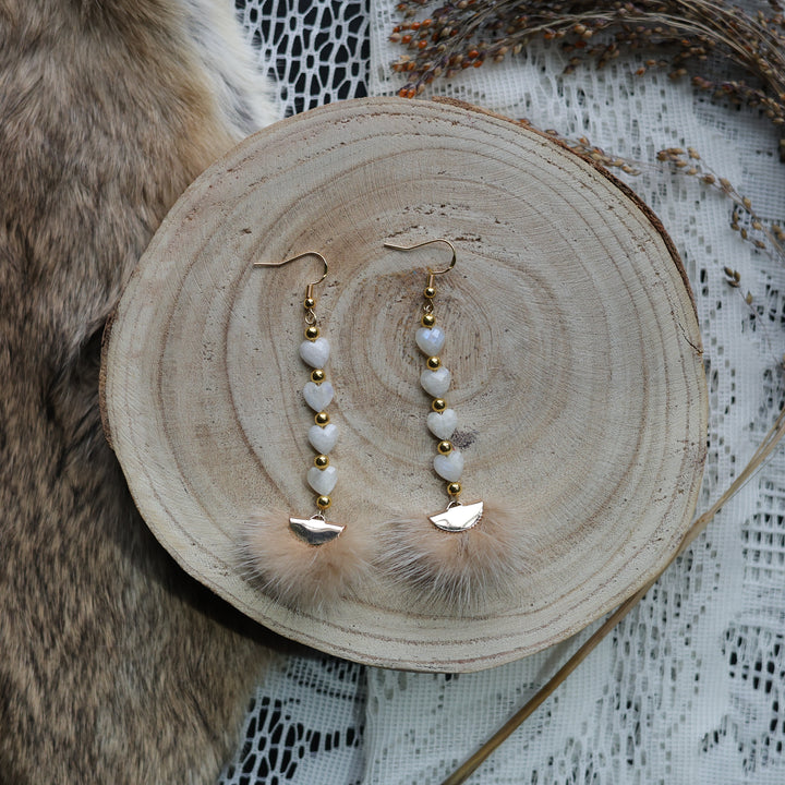 Prairie Sage Beadwork Moonstone Heart &amp; Mink Fur Drop Earrings