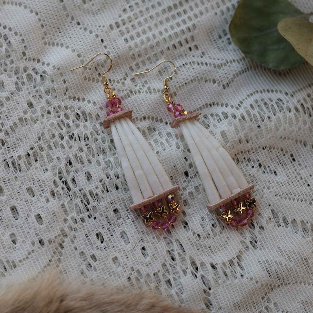 Prairie Sage Beadwork Dentalium & Pink Butterfly Earrings