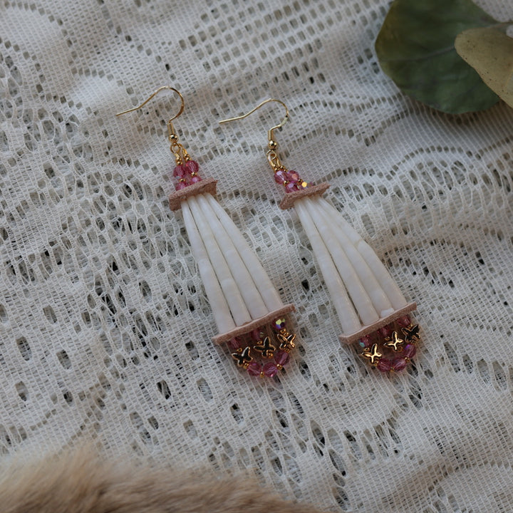 Prairie Sage Beadwork Dentalium & Pink Butterfly Earrings