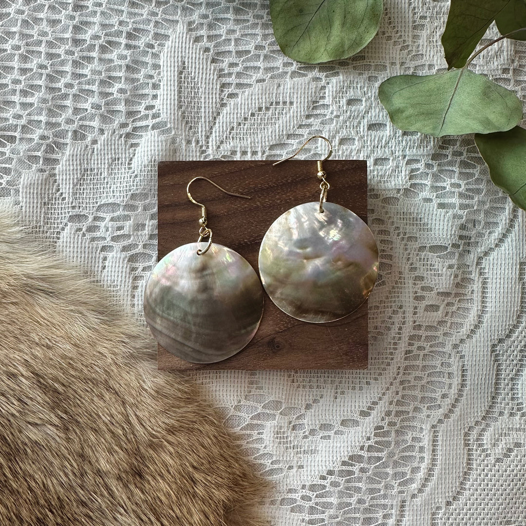 Prairie Sage Beadwork Black Mother of Pearl Shell Drop Earrings