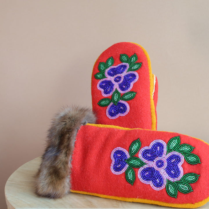 Emily J. Red Felt & Beaver Pelt Moose Hide Mittens