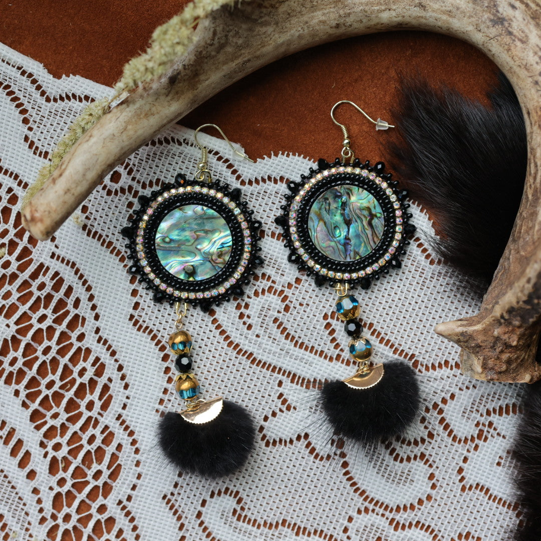 DMD Beadwork Beaded Abalone Earrings with Mink