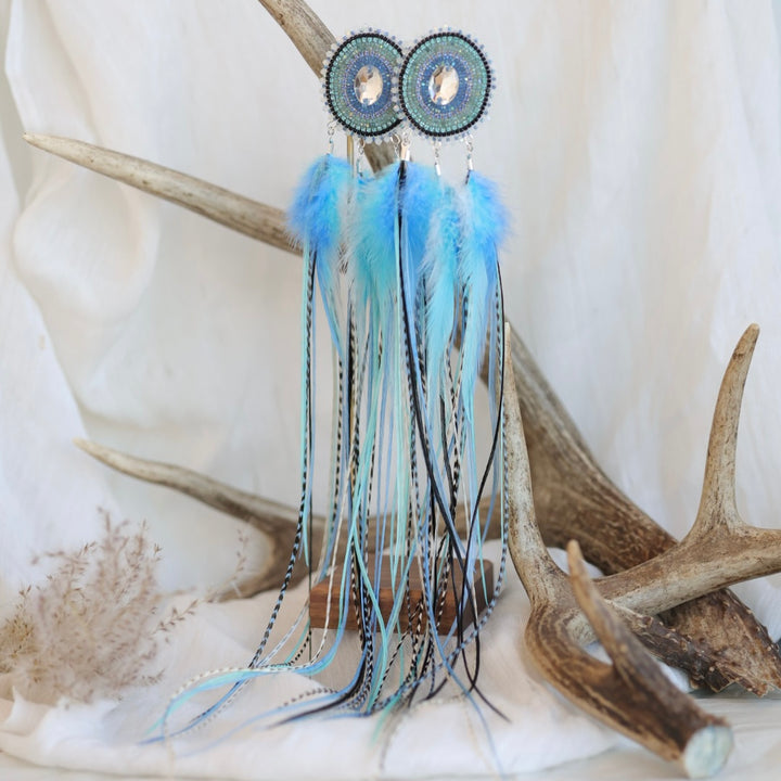 Beaded Blends Blue Beaded Statement Feather Earrings