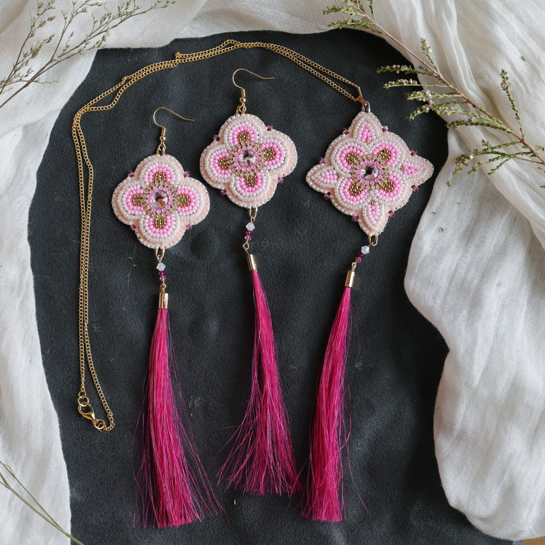 Beth Rose Designs Pink Floral &amp; Horsehair Earrings &amp; Pendant Necklace