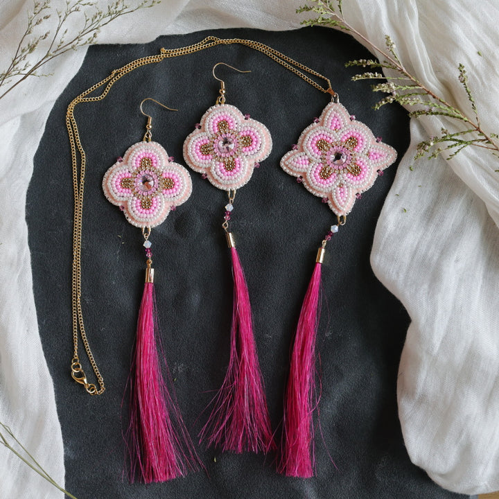 Beth Rose Designs Pink Floral &amp; Horsehair Earrings &amp; Pendant Necklace
