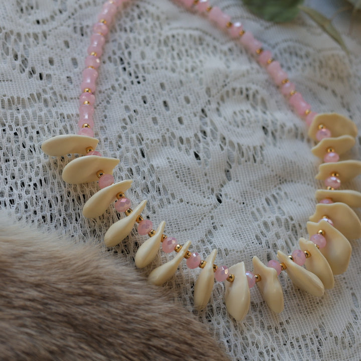 Prairie Sage Beadwork Rose Quartz & Imitation Elk Ivory Set