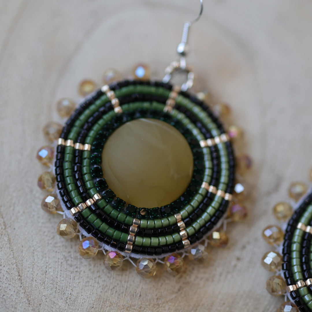 Sweetgrass Woman Creations Champagne & Green Beaded Earrings