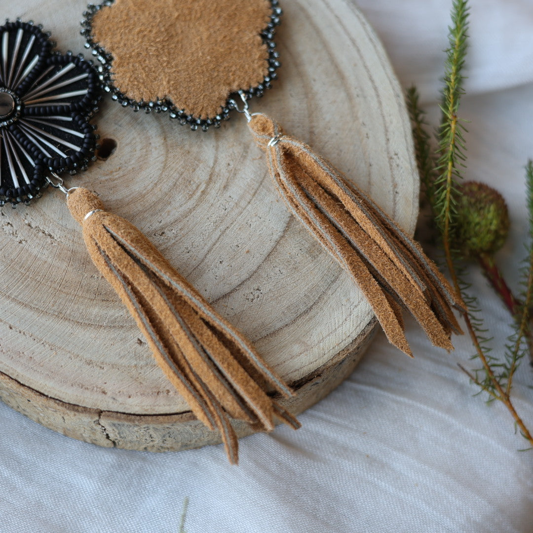 Boreal Forest Beads Floral Moose Hide Tassel Earrings
