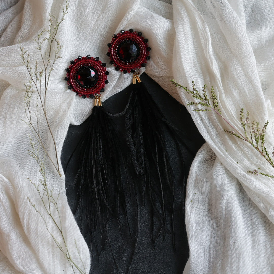 Beth Rose Designs Beaded Burgundy &amp; Feather Earrings