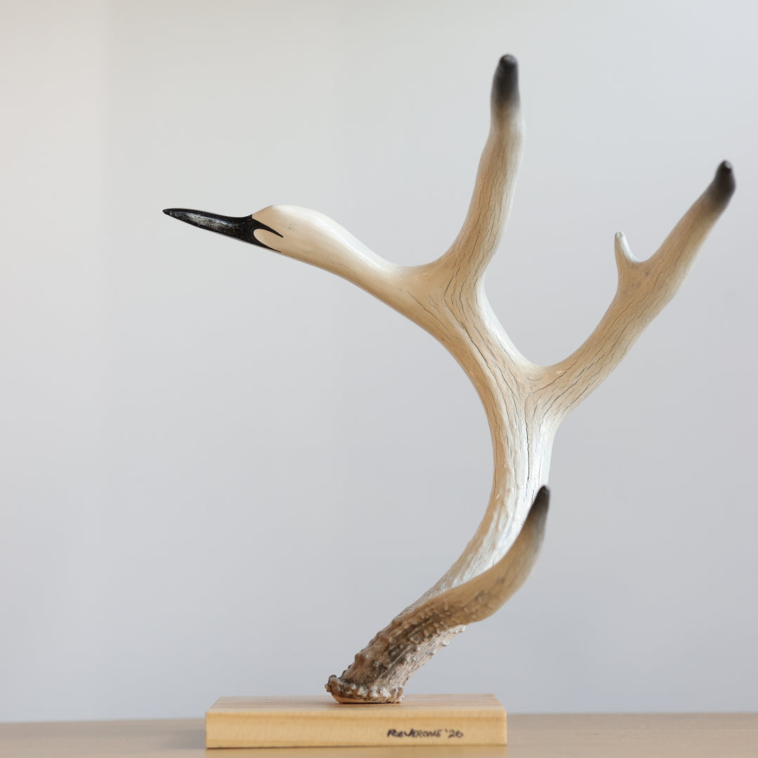 Rob Jerome Medium Swan Antler Carving on Wooden Base