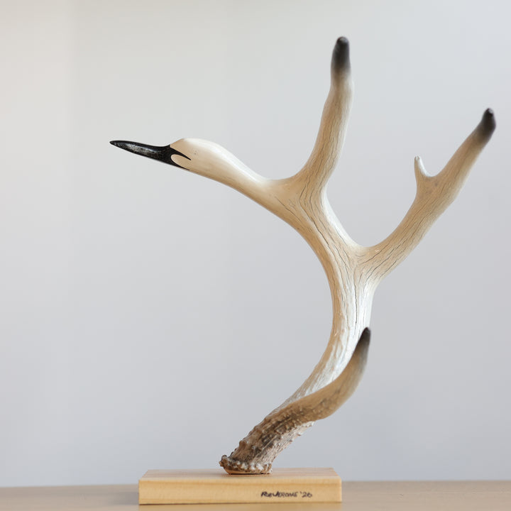 Rob Jerome Medium Swan Antler Carving on Wooden Base