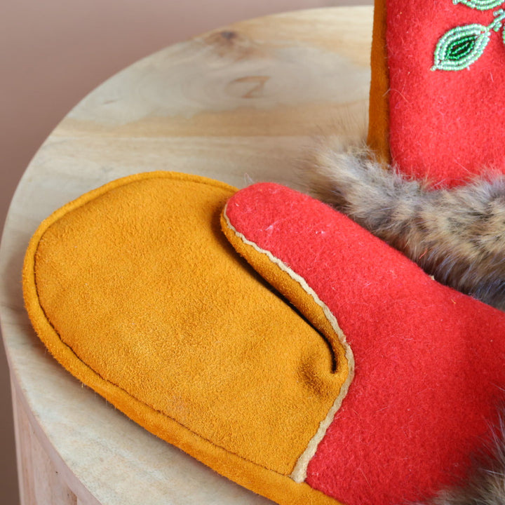 Emily J. Red Felt & Beaver Pelt Moose Hide Mittens
