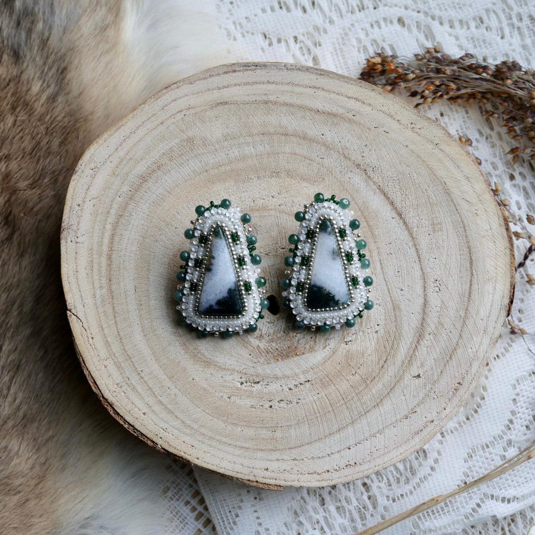 Prairie Sage Beadwork Green Moss Agate Beaded Earrings