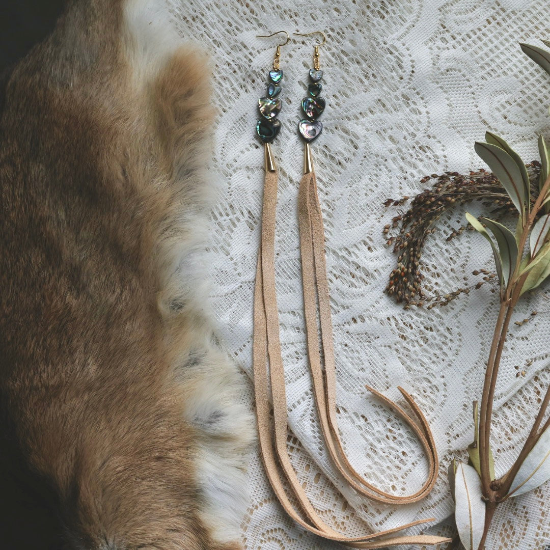 Prairie Sage Beadwork Abalone & Deer Hide Tassel Earrings