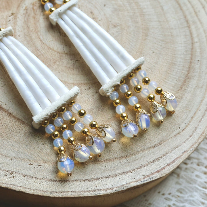 Prairie Sage Beadwork Opal Dentallium Drop Earrings