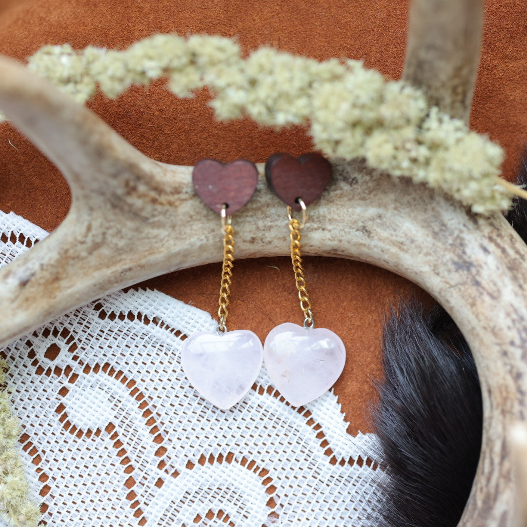 DMD Beadwork Rose Quartz Heart Earrings