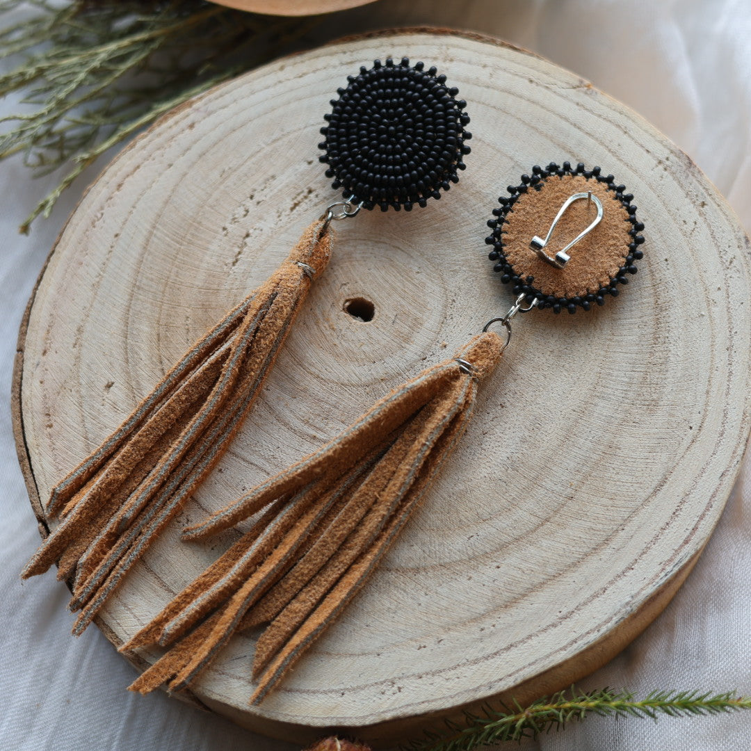 Boreal Forest Beads Simple Beaded Moose Hide Tassel Earrings
