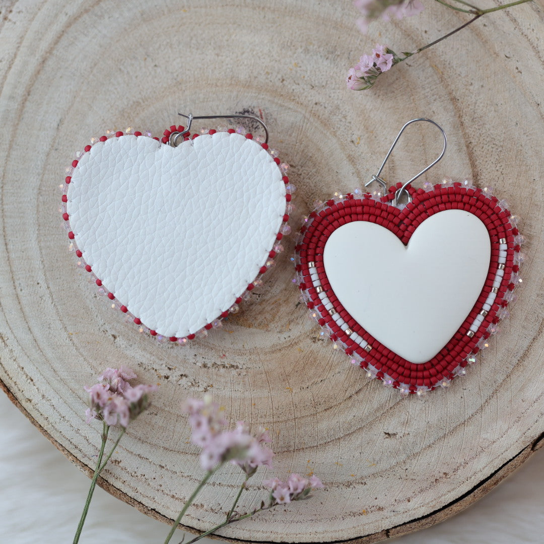 Sweetgrass Woman Creations Cream & Red Heart Beaded Earrings