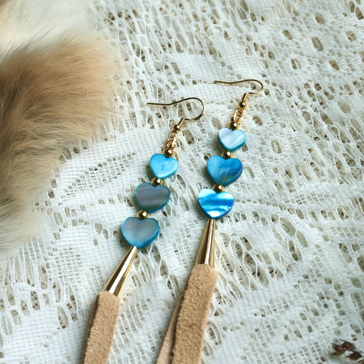 Prairie Sage Beadwork Dyed Mother of Pearl & Deer Hide Tassel Earrings