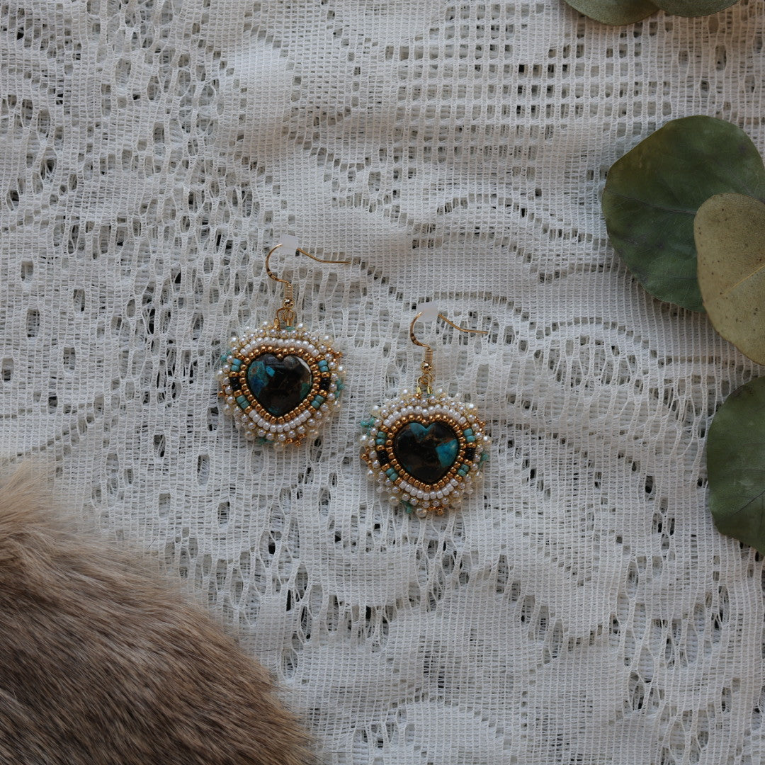 Prairie Sage Beadwork White Buffalo Turquoise Heart Beaded Earrings
