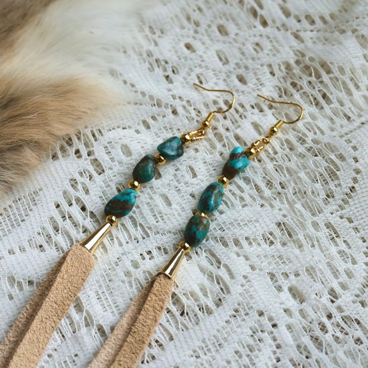 Prairie Sage Beadwork Turquoise & Deerhide Tassel Earrings