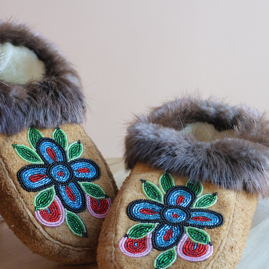 Emily J. Blue & Red 4-Petal Floral Moose Hide Moccasins