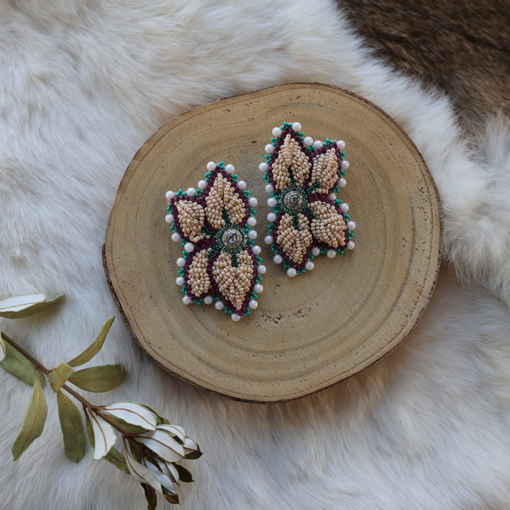 Mercedes G. Cream Raised Half Floral Earrings