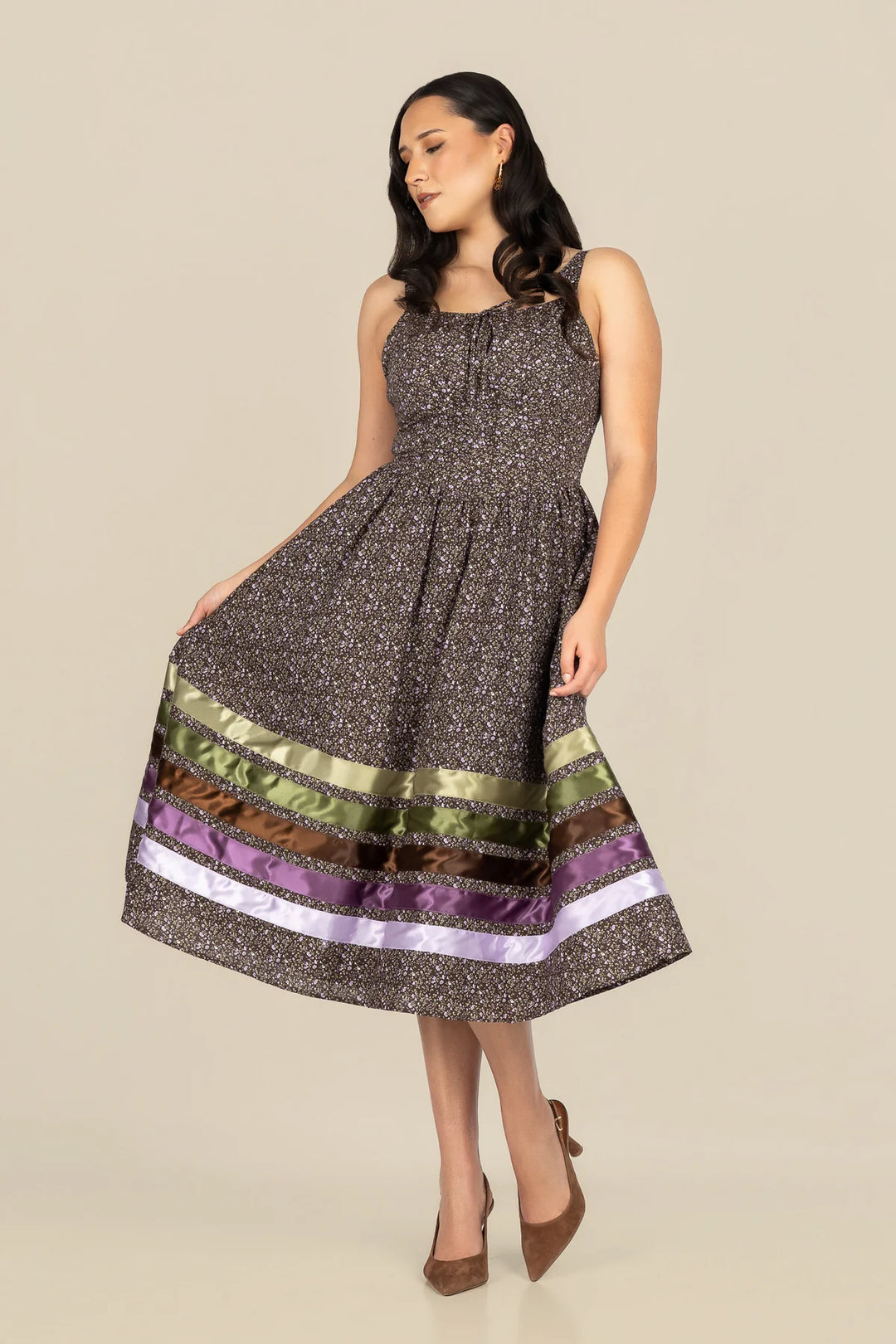 B. YELLOWTAIL Corset Midi Ribbon Dress- Brown