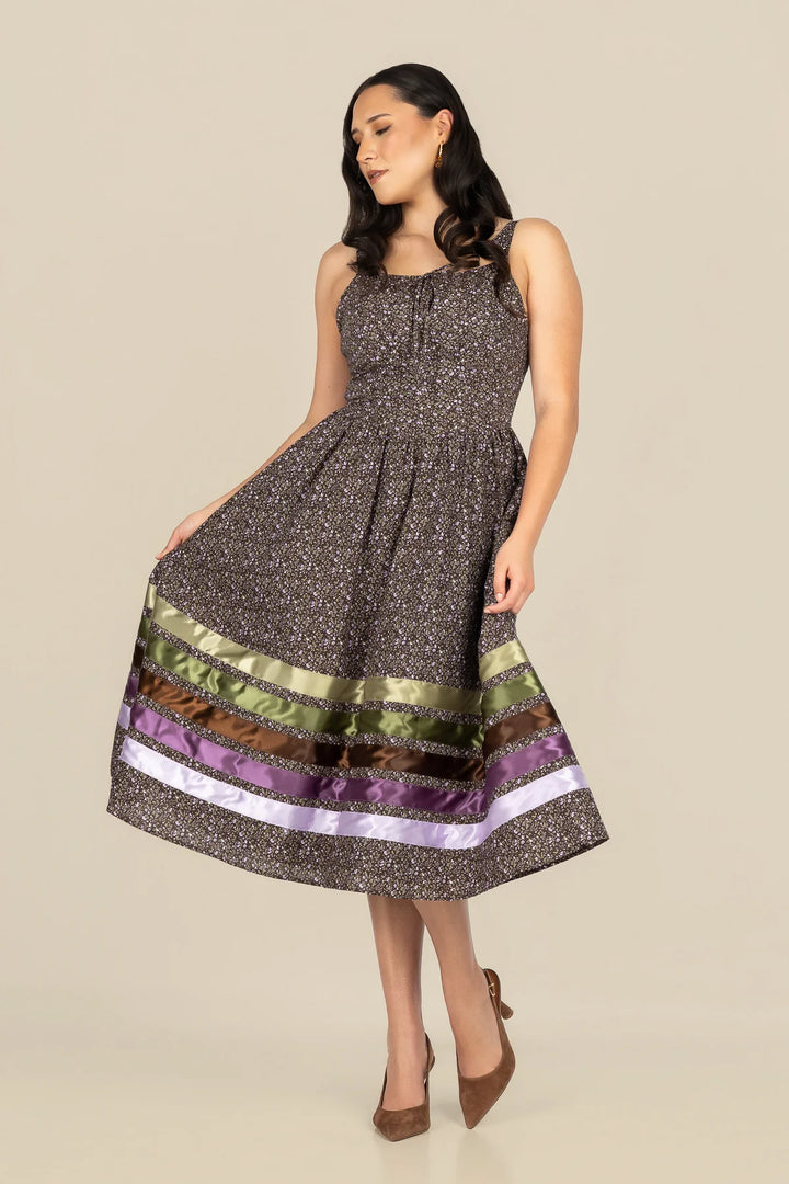 B. YELLOWTAIL Corset Midi Ribbon Dress- Brown