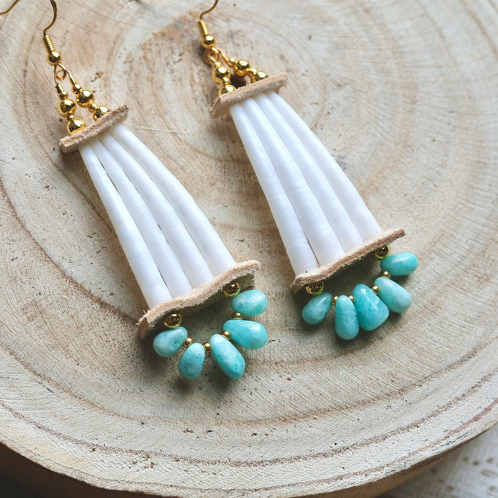 Prairie Sage Beadwork Amazonite Dentallium Drop Earrings
