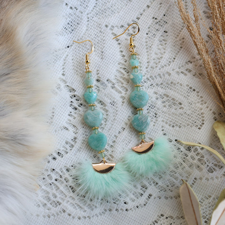 Prairie Sage Beadwork Amazonite &amp; Mink Fur Drop Earrings