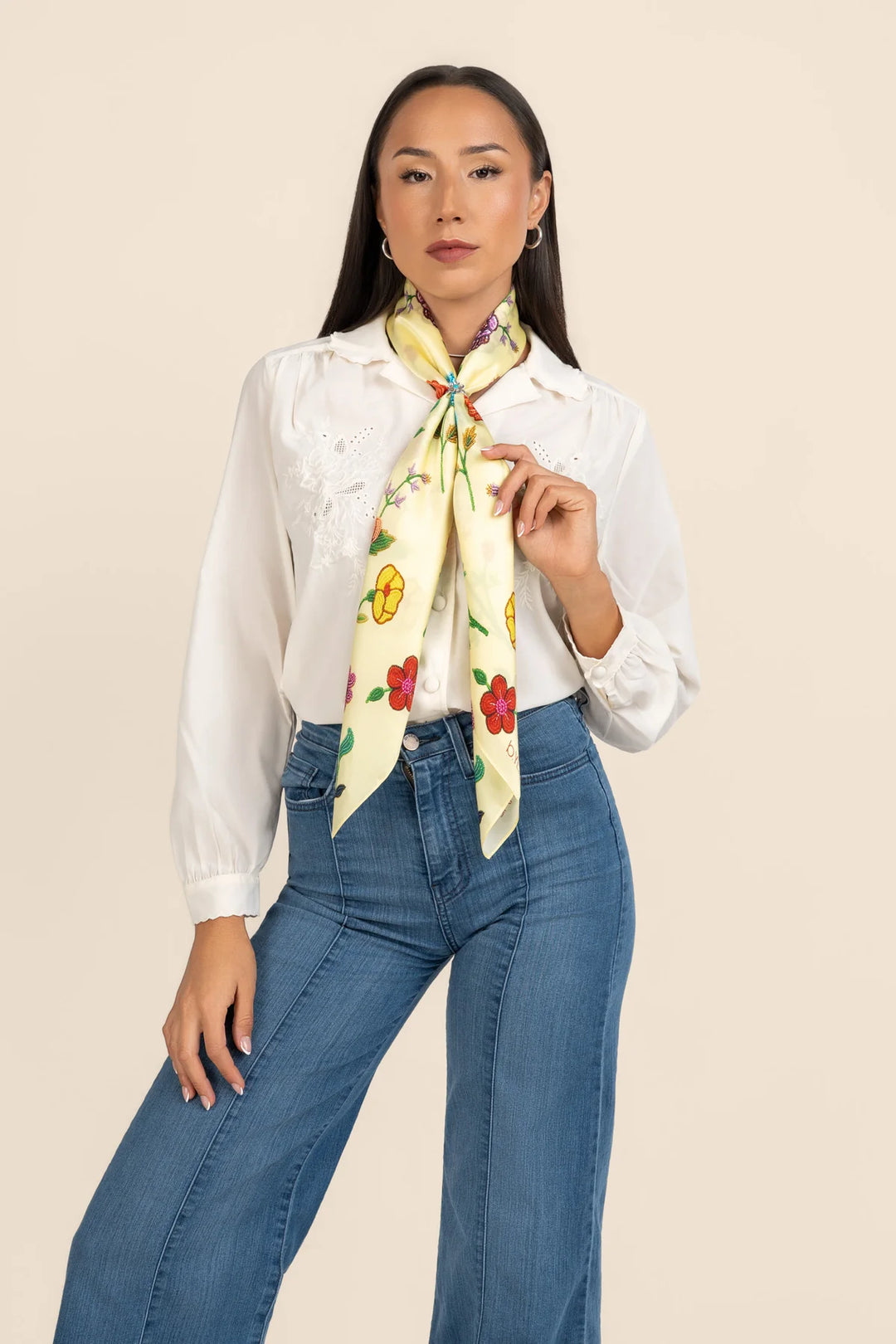 B.YELLOWTAIL Yellow Beaded Floral Silk Scarf