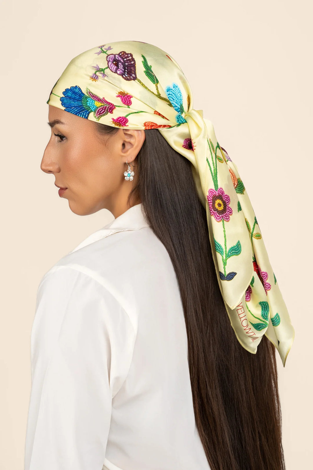 B.YELLOWTAIL Yellow Beaded Floral Silk Scarf