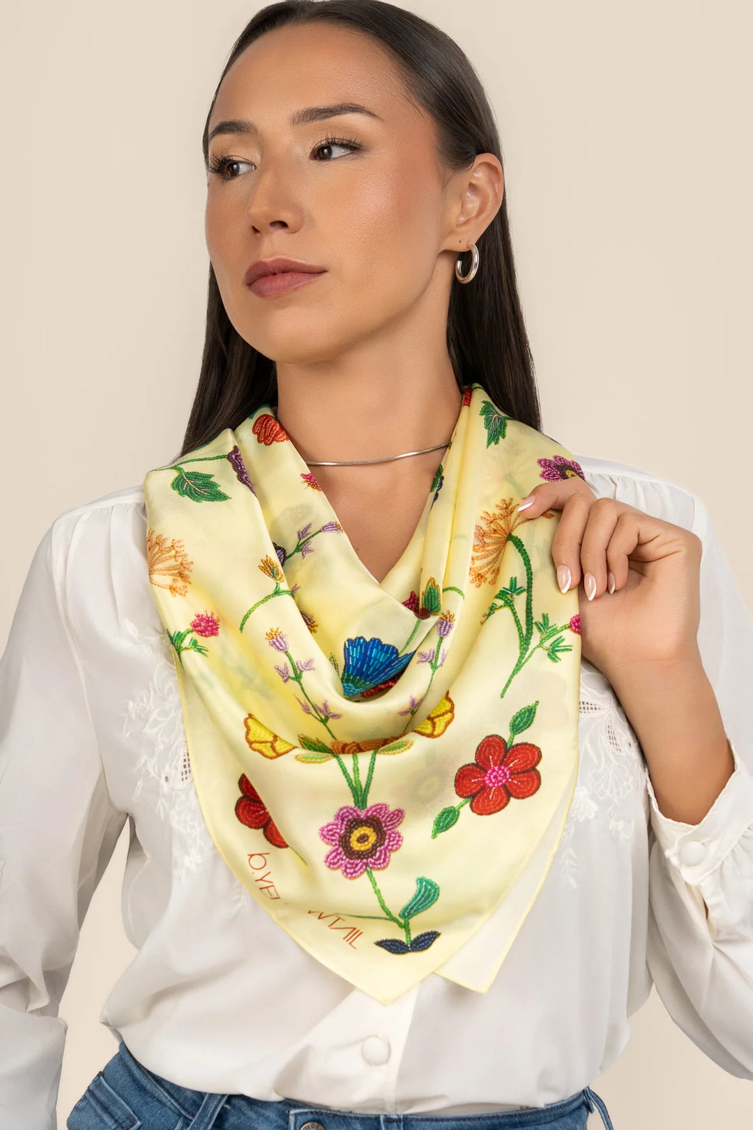 B.YELLOWTAIL Yellow Beaded Floral Silk Scarf