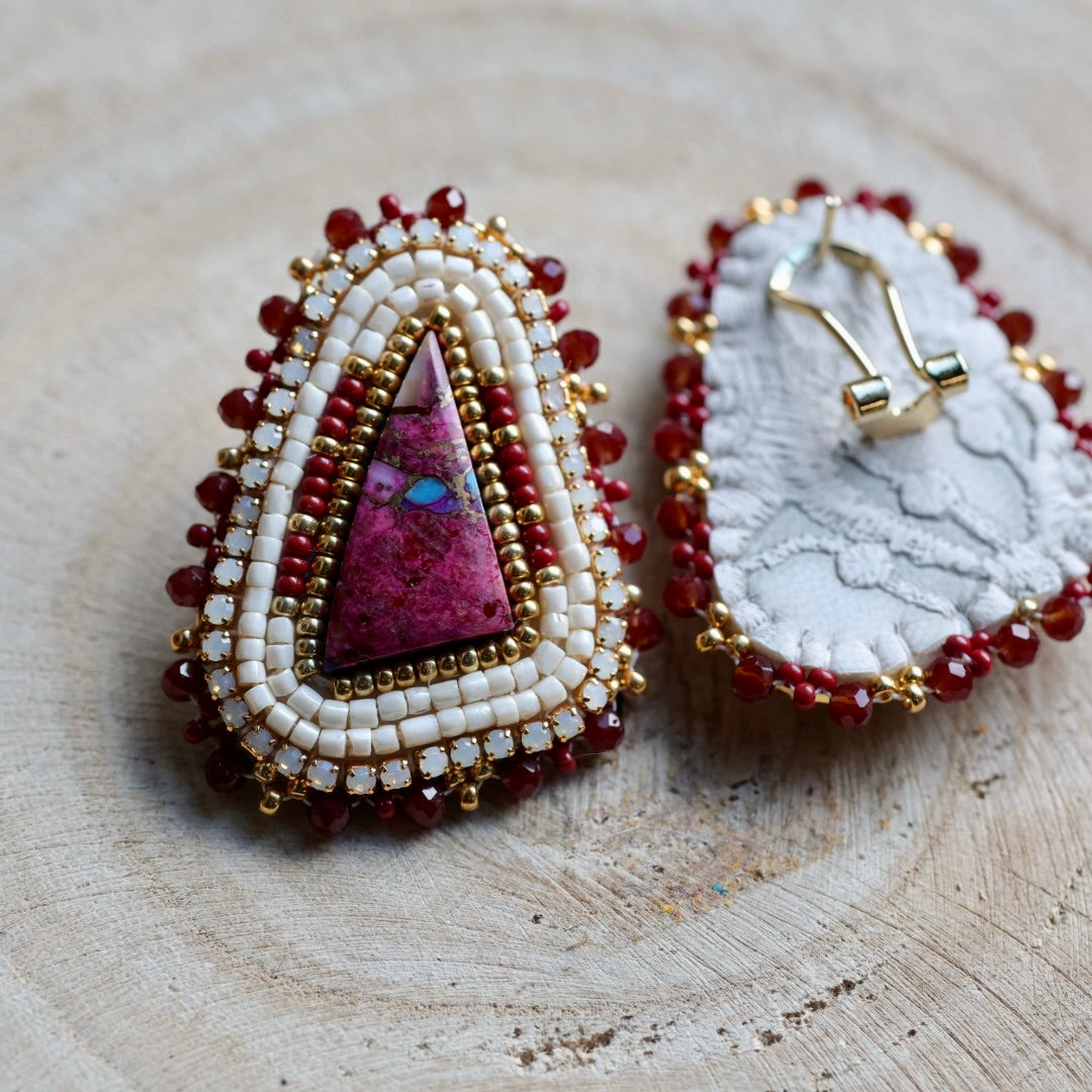 Prairie Sage Beadwork Red Rose Mojave Turquoise Triangle Beaded Earrings